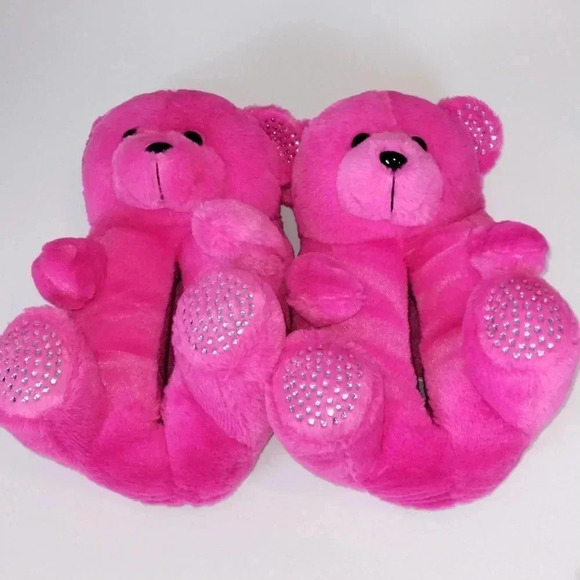 Pink Plush Fluffy Sparkle Teddy Bear Slippers Shoes Fashion Footwear Women Girls - Picture 4 of 4
